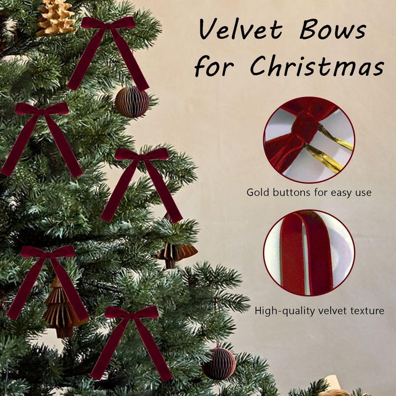 BOVVSKY 12PCS Red Velvet Bows for Christmas Tree, Garland Red Velvet Bows Ornaments for Christmas Tree with Gold Twist Ties（B) - Image 4
